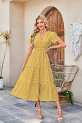 V-Neck Pleated Puff Sleeves Long-Sleeved Dress Ins Street